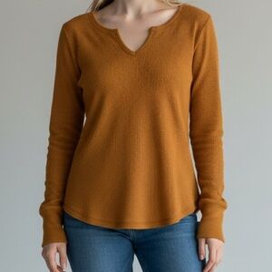 Knox Rose Women's Long Sleeve Notch Neck Thermal Top Brown Size Large